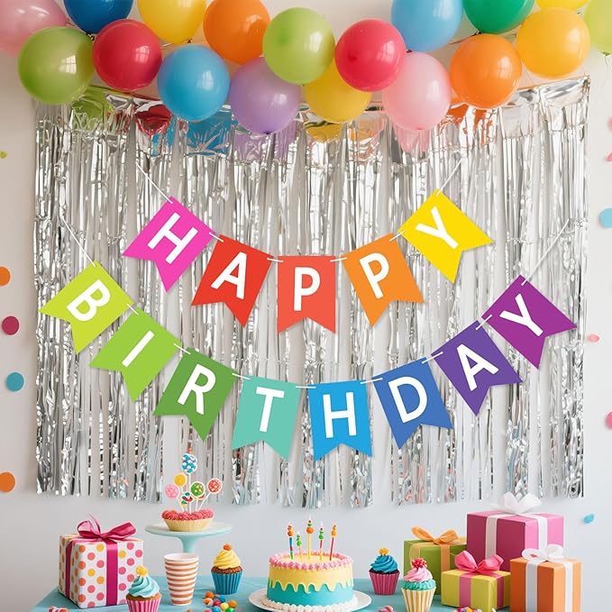 Happy Birthday Banner Sign, Birthday Garland Wall Door Hanging Banners Flag for Women Men Boys Girls Party Backdrop Decorations, Personalized Name Banner White Letters Colorful