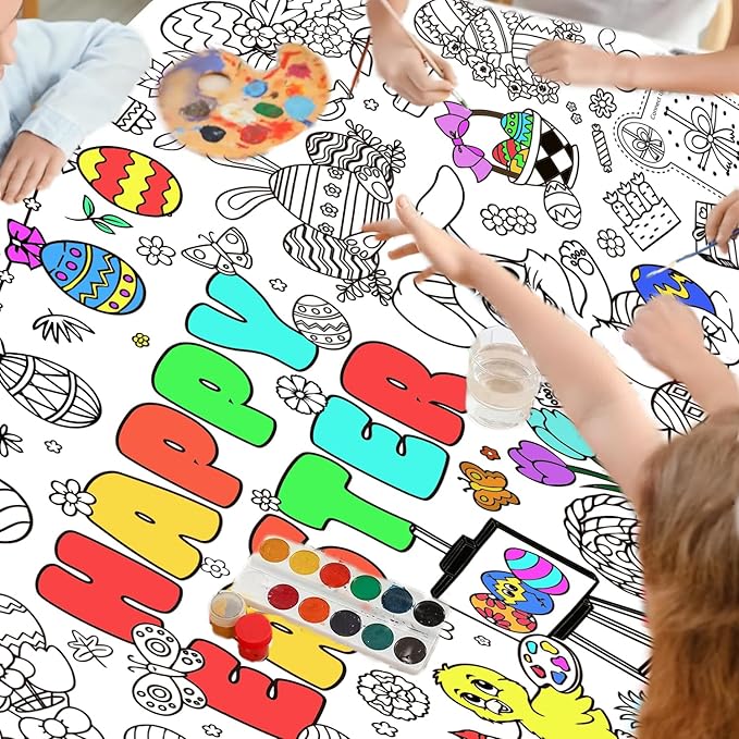 Easter Giant Coloring Poster/Tablecloth, Crafts for Kids, 30 x 72 Inches Jumbo Coloring Banner, Versatile Paper Table Cover for Easter Party Favors, Wall Decoration