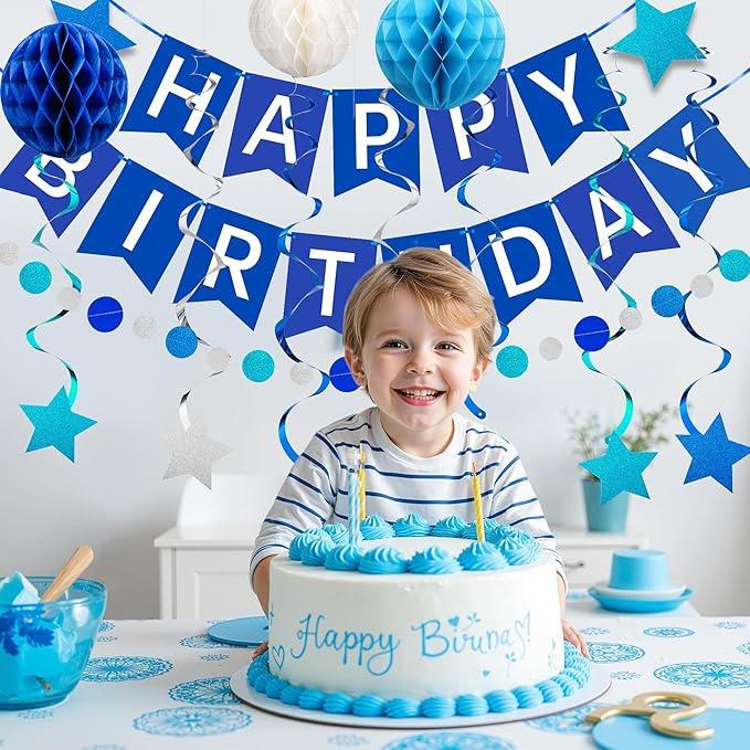Happy Birthday Decorations Happy Banner with Honeycomb Balls, Swirls Set Happy Decorations Sign for Men Women Boys Girls Birthday Party Supplies Kit for Indoor Outdoor