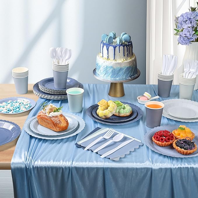 168 Pcs Dusty Blue Paper Plates and Napkins, Baby Blue Paper Plates Party Supplies for 24 Guests Include Gradient Scalloped Plates Paper Napkin Cup Knife Fork Spoon for Baby Shower, Wedding, Birthday