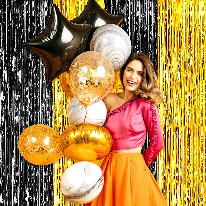 3 Pack Black Gold Foil Fringe Curtain Backdrop, 3.28Ft x 8.2Ft Metallic Tinsel Foil Fringe Streamer Curtains for Photo Booth, Mother's Day, Easter, Birthday, Wedding Party Decorations