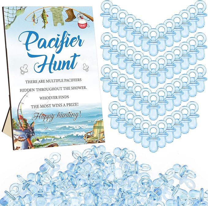 Thyle 51 Pcs Fishing Pacifier Hunt Baby Shower Games a Little Fisherman Is on The Way Theme Baby Shower Game Decoration Include Hunt Sign and Acrylic Pacifiers Fish Themed Gift Sets for Gender Reveal