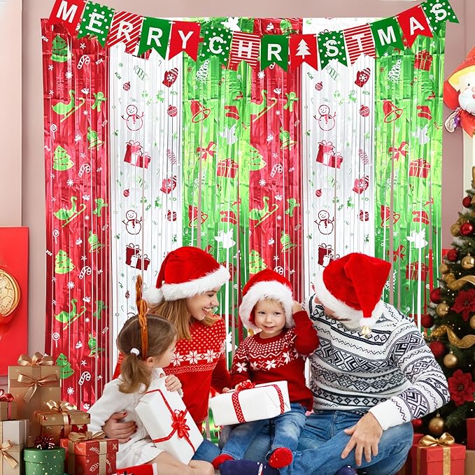 3 pack Christmas Party Decorations with Merry Christmas Banner and Foil Fringe Curtains, 3.3ft×6.6ft Red Green Tinsel Streamer Backdrop for Xmas Photo Booth Props Friendsmas Party Decor