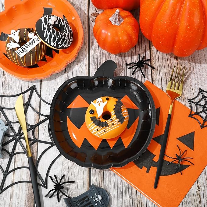 72Pcs Halloween Party Dinnerware Set Orange Black Pumpkin Themed Paper Plates Cups Napkins Halloween Disposable Tableware Party Supplies for Spooky Themed Party Birthday, Serves 24 Guests