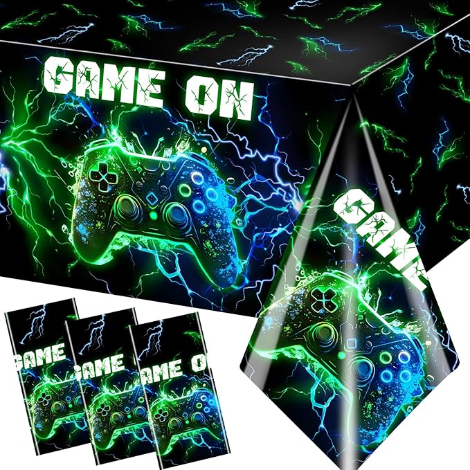 Video Game Table Cloth Video Game Birthday Decoration,3pcs Neon Plastic Waterproof Gaming Table Covers for Boy Kids Player Geek G-AME Party Decoration