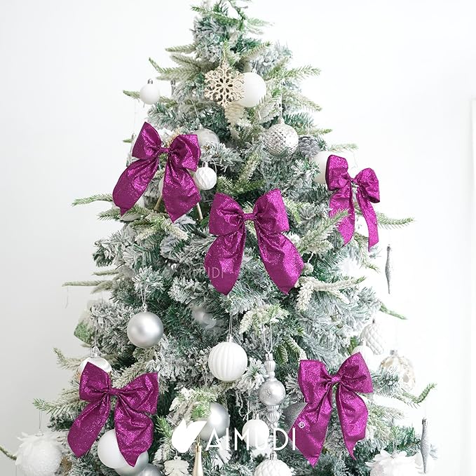 AIMUDI Purple Glitter Wired Ribbon Bows with Twist Tie 5.5" Premade Metallic Christmas Bows for Gift Wrapping, Wreath, Garland, Holiday Crafts Party Home Outdoor Christmas Tree Decorations, 12 PCs