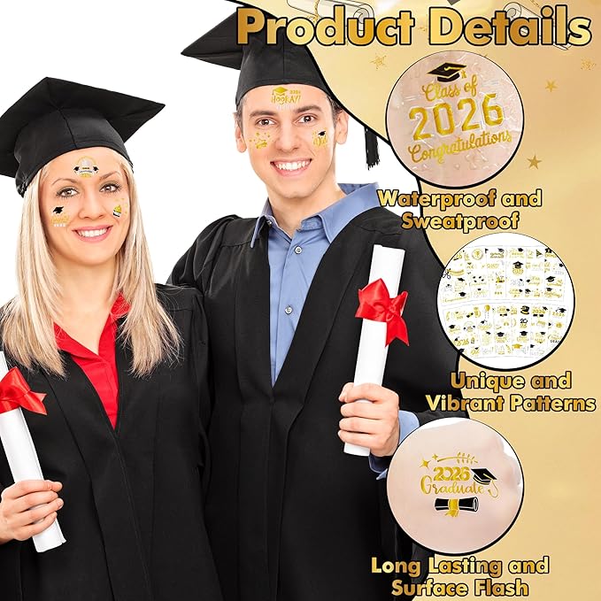 96 Pcs Grad Temporary Tattoos, 12 Sheets Foil Metallic Grad Glitter Tattoos Bulk, Graduation Stickers Tattoo for 2026 Congrats Graduation Party Favors Decorations Decor Gifts Supplies Accessories