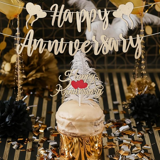 Happy Anniversary Banner & Cake Topper, Champagne Gold Anniversary Banner Decoration Set Pre-Strung Romantic Sign Garland for Wall Porch Wedding Party Decoration