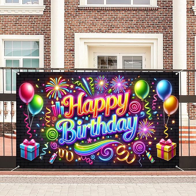 Nuxovilar Neon Brick Wall Happy Birthday Banner - 71x43 Inch,Party Decor Banner Vibrant Balloons & Fireworks Backdrop for Indoor/Outdoor Parties
