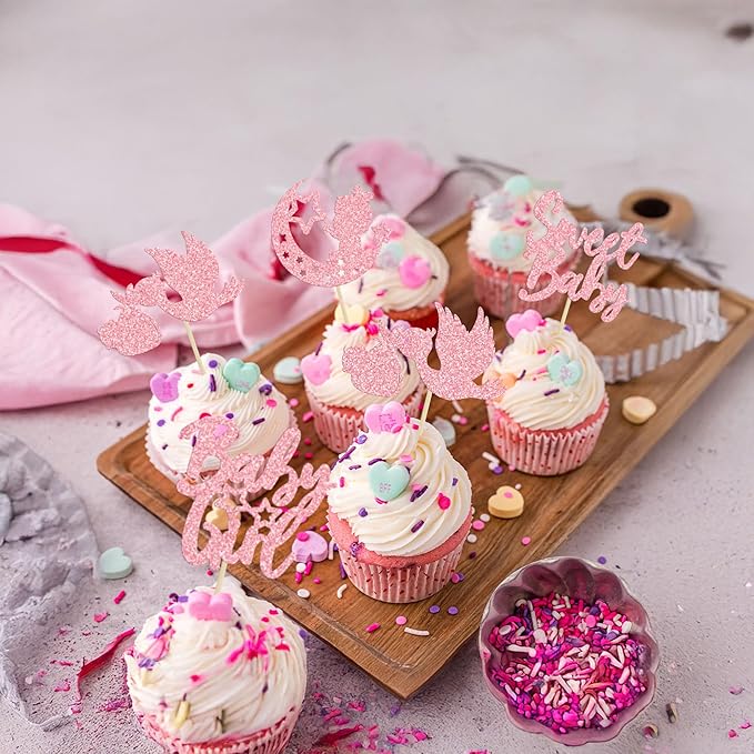 24Pcs Baby Girl Cupcake Toppers Pink Glitter Moon Star Sweet Baby Girl Cupcake Picks Decorations for Gender Reveal Baby Shower Kids Girls Birthday Party Supplies
