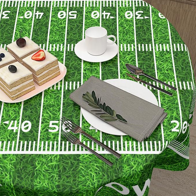 Football Round Tablecloth 70 Inch Rugby Football Pattern Circle Table Cloth Green Table Cover Washable Polyester Indoor Decorations for Home Kitchen Dinning Party