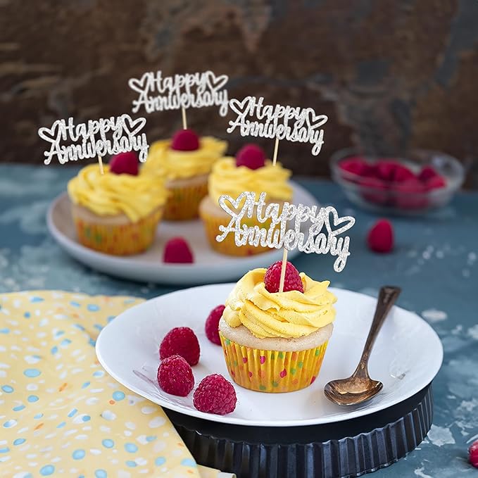 Gyufise 24Pcs Glitter Happy Anniversary Cupcake Toppers Anniversary Party Supplies Cake Decoration Wedding Celebration Party Decoration Supplies Silver