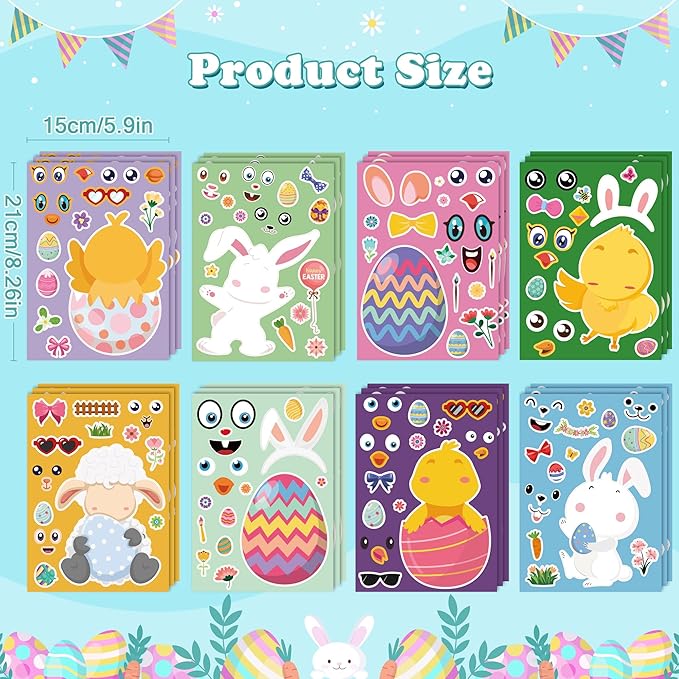 OHOME Easter Basket Stuffers for Kids - DIY Happy Egg Bunny Sticker Crafts Stickers for Toddlers,Kids Easter Gifts Decor Treats Games Toys Activities Party Favor Supplies(24 Sheets)