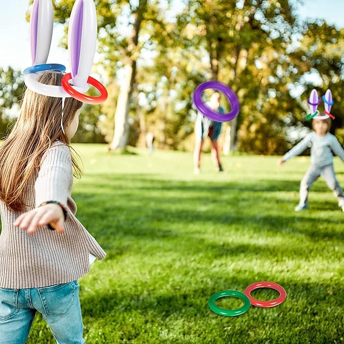 4 Players Easter Outdoor Party Games for Kids and Family - Potato Sack Race Jumping Bags, Legged Relay Race Bands, Egg and Spoon Race and Inflatable Bunny Ring Toss Games - Easter Party Supplies