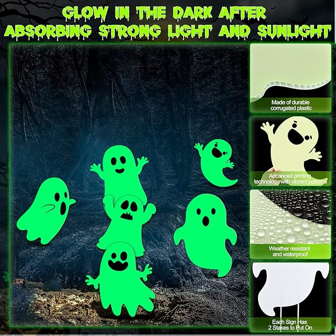 6 Pcs Halloween Yard Stakes Glow in The Dark with Green Fluorescent Layer Waterproof Plastic Cute Outdoor Sign Halloween Decorations for Lawn Patio Yard Garden Decoration (Ghost)