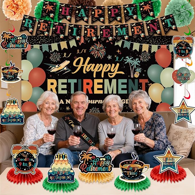 20pcs Retirement Decorations for Men Women Coloful Vintage Happy Retirement Banner Backdrop Hanging Swirls Pompoms Table Honeycomb Centerpieces Retired Sash Farewell Retired Decorations Supplies