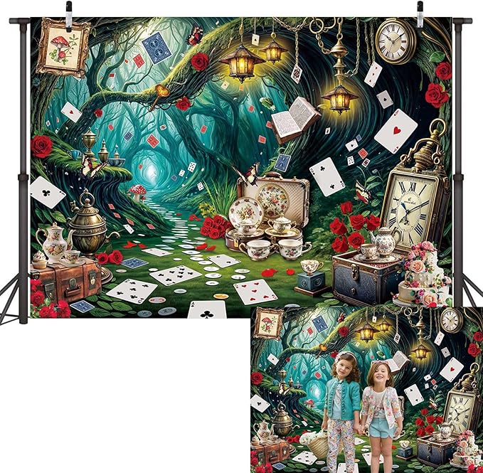 Wonderland Tea Party Backdrop Green Leaves Checkerboard Photography Background Wonderland Girls Kids Birthday Party Party Decoration Banner Supplies (94x70inch(8x6FT))