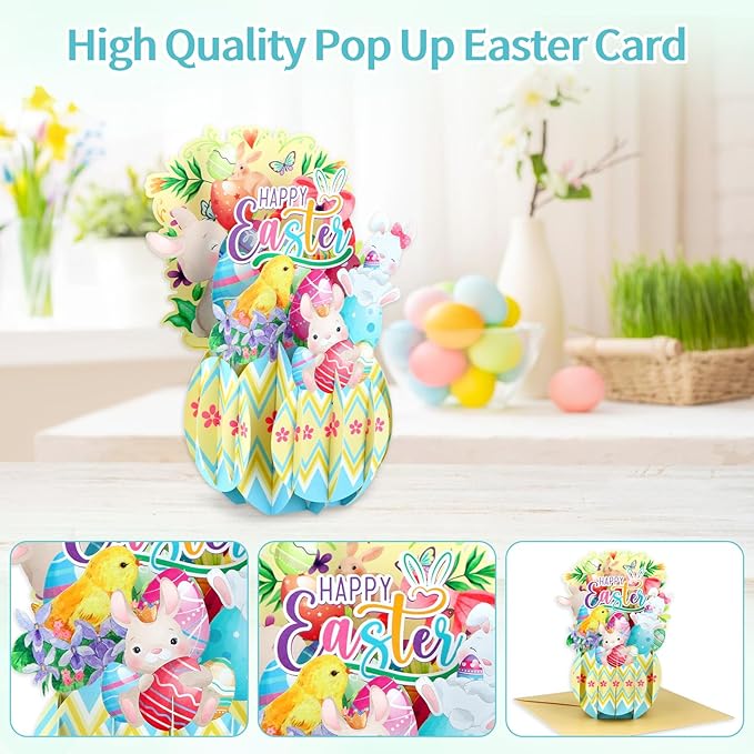 FaCraft Easter Pop Up Cards - Pop Up Easter Greeting Cards for Kids Adults with Golden Envelope, Spring Gift for Daughter Son Friend Family Grandson Granddaughter (3D Bunny & Chick Design)