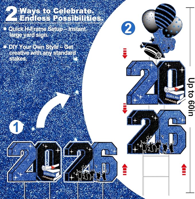 15 PCS Graduation Yard Signs Class of 2026 Decorations, 2026 Graduation Decorations - Large 4FT Tall Congrats Grad Lawn Sign Set with H-Stake & Fiberglass Rods, Waterproof Outdoor & Indoor Graduation Party Decor,Blue and Black