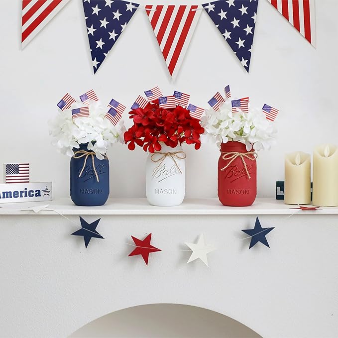 Patriotic Table Decorations, Memorial Day Decor, 250 Anniversary USA Patriotic Mason Jars with Mini American Flags, 4th of July Decorations, Red White and Blue Decor, Patriotic Themed Party Decoration