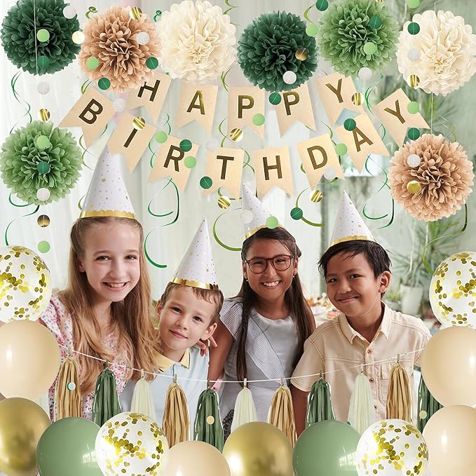 Green Birthday Party Decorations for Women Girls with Happy Birthday Banner,Tissue Paper Pompoms, Paper Tassel,Circle Garland,Hanging Swirl,Decorations Balloons for Party Decor (sage green)