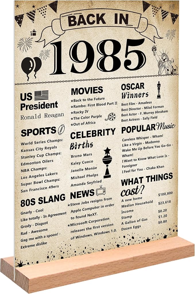 DARUNAXY 41st Birthday Party Decorations, Vintage Back in 1985 Poster Acrylic Sign with Stand 41 Year Old Party Supplies for Men& Women Vintage 1985 Table Decor 41st Anniversary Class Reunion Gifts