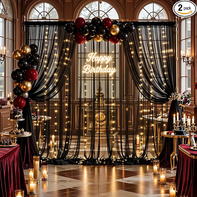 10×15ft Black Sheer Backdrop Curtains with Lights String for Parties Birthday Black Tulle Backdrop Curtain for Baby Shower Wedding Graduation Halloween Party Photo Shoot Decorations 2 Panels 5×15ft