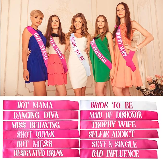 12 PCS Bachelorette Sashes Set, Bride to Be Team Bride Sash Maid of Honor Bridesmaid Sash for Bridal Shower and Hen Party Decorations Favors, Hot Pink