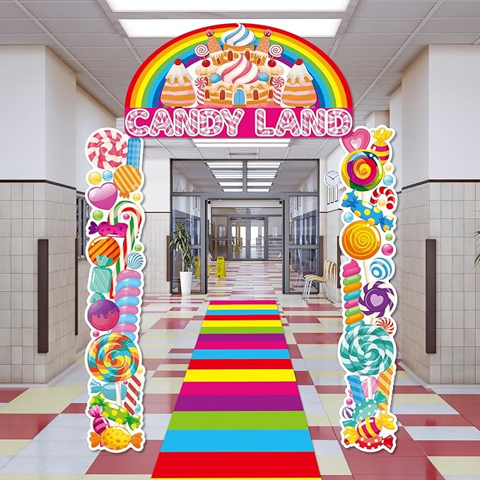 4Pcs Sweet Candyland Party Decorations Candy Door Covers Candyland Hanging Banner Backdrop Candy Land Store Porch Sign Colorful Runner Rug Background Photo Prop for Baby Shower Birthday Party Supplies