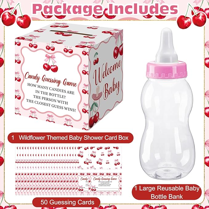 Glenmal 52 Pcs Cherry Baby Shower Games Gift Sets Large Baby Bottle for Shower Game Guess How Many Candies Decorations for Gender Reveal