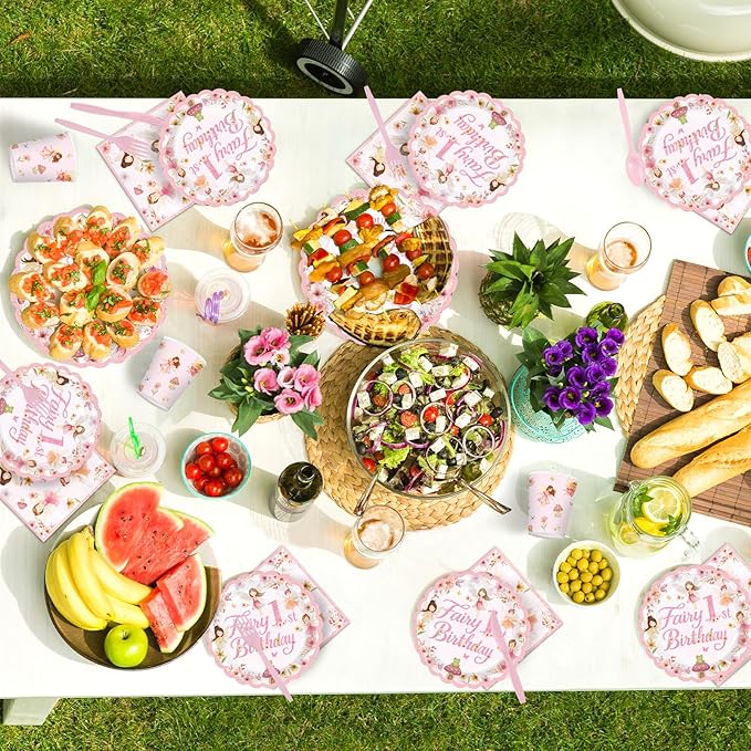 168 Pcs Fairy First Birthday Party Decorations Floral Fairy 1st Birthday Scalloped Plates Napkins Cups Forks Knives Spoons Pink Flowers Tableware Set for Girls One Year Old Party Supplies Serves 24