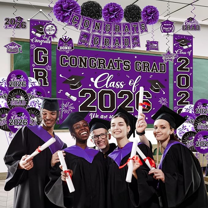 Graduation Decorations 2026 Purple Party Decor Set with Congrats Grad Banner, Class of 2026 Backdrop, Balloons, Box & Streamers Supplies for High School & College Celebrations
