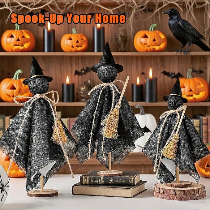 Halloween Decorations Indoor - 3 Set Primitive Halloween Wtich with Hat, Wooden Stand Witch Decor for Table Centerpieces, Mantels, Shelves, Vintage Spooky & Festive Party Decor