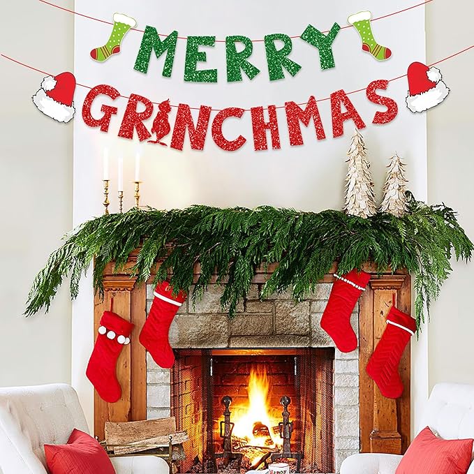 Christmas Decorations Party Banners Indoor, Glittery Christmas Decor Banner, Red Green Banner for Home Fireplace Decor