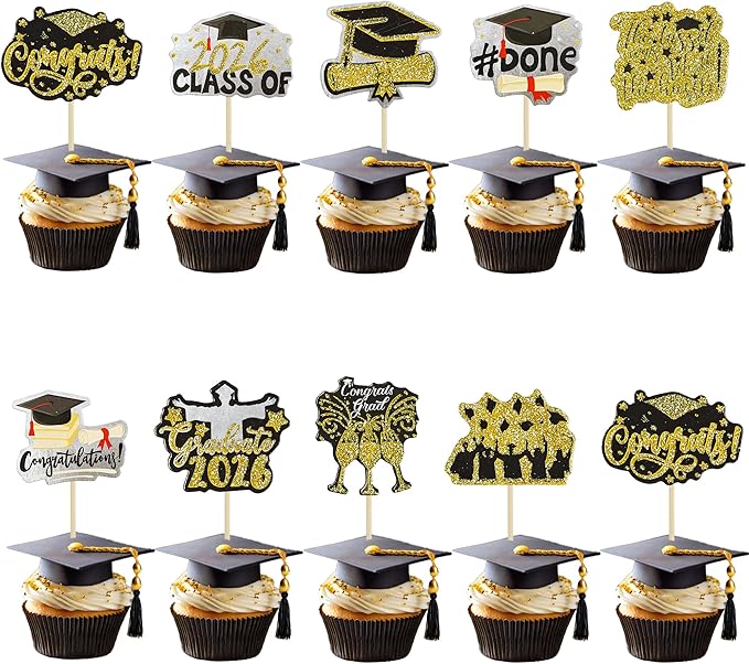 Gyufise 36Pcs 2026 Graduation Cupcake Toppers Glitter Class of 2026 Diploma Graduation Cap Cupcake Picks Class of 2026 Cake Decorations for 2026 Grad Theme Party Supplies