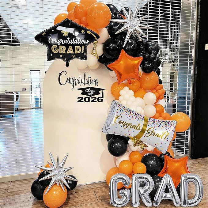 Orange Graduation Balloons Garland Arch Kit, 117PC Orange Black White Graduation Star Print Certificate Grad Foil Balloon with Silver Explosion Star Balloon for Graduate Class of 2026 Prom Party Decor