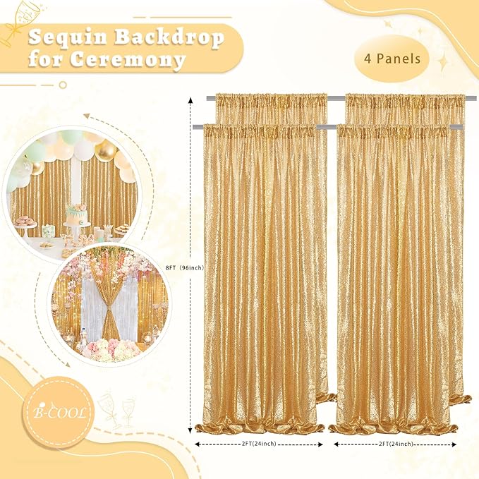 B-COOL Sequin Backdrop Gold Curtains 4 Panels 2ftx8ft Glitter Shimmer Fabric Sparkly Drapes for Background Wedding Banquet Party Decorations