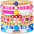 Surfer Heishi Bracelets for Women Stackable Rainbow Vinyl Disc Clay Beaded Stretch Bracelets Elastic Layering Friendship Bracelets Boho Summer Beach Jewelry
