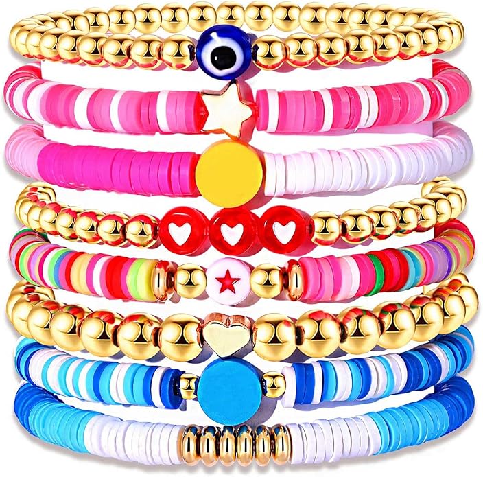 Surfer Heishi Bracelets for Women Stackable Rainbow Vinyl Disc Clay Beaded Stretch Bracelets Elastic Layering Friendship Bracelets Boho Summer Beach Jewelry