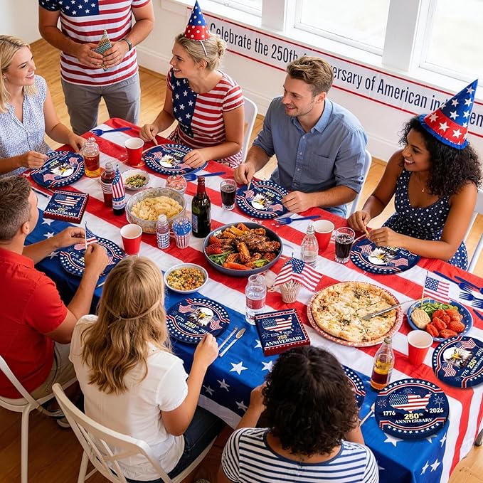 100 Pcs 250th Anniversary Party Supplies - Serves 25, Red White Blue Disposable Tableware, Includes Paper Plates, Napkins, Plastic Forks for 1776-2026 Patriotic Decor, Independence Day, 4th of July