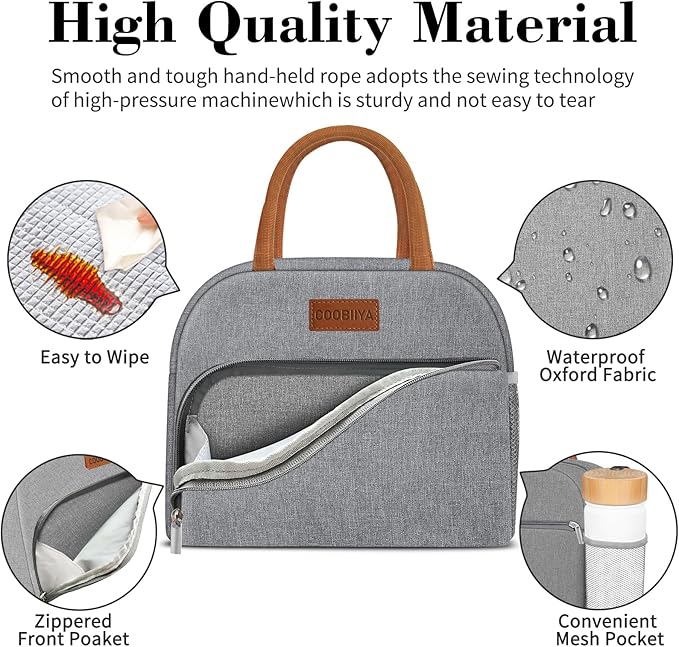Coobiiya Lunch Bag Lunch Box for Women Men,Small Leak-proof Cute Lunch Tote Large Capacity Reusable Insulated Cooler Lunch Container for Work/Office/Picnic/Beach，Grey