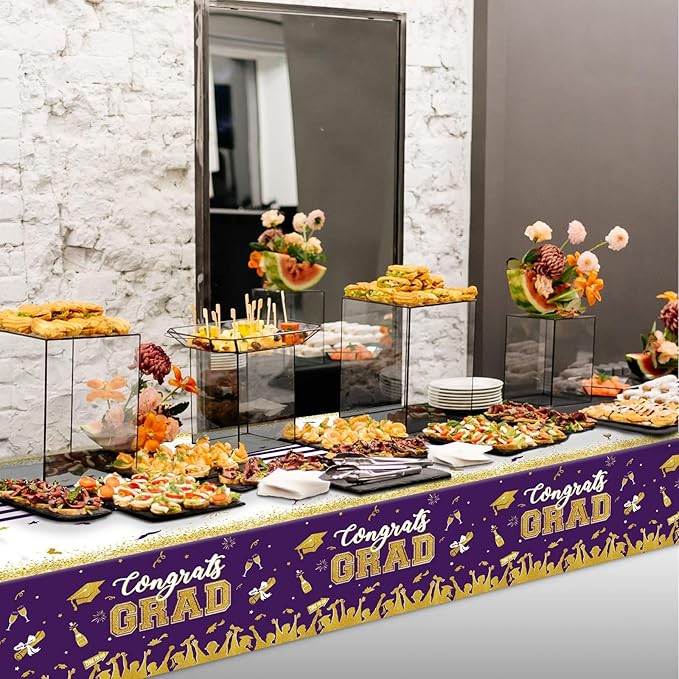 chiazllta Set of 3 Graduation Tablecloths Class of 2026 Congrats Grad Purple Graduation Party Tablecover Decorations Party Supplies Large Size Plastic 54"x108"(Purple & Gold)