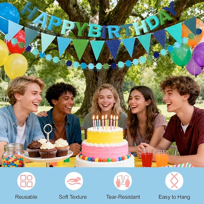 3PCS Pre-Strung 3D Blue Felt Happy Birthday Banner Set – Pom Pom Garland & Triangle Bunting, Reusable Happy Birthday Decorations, Felt Happy Birthday Banner & Sign for Boys, Men & Teens