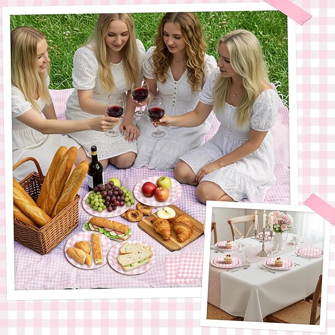 175 Pcs Gingham Paper Plates, Pink Gingham Party Supplies Include Pink Plates and Napkins Cups Disposable Checkered Dinnerware Set for Picnic, Baby Shower, Wedding
