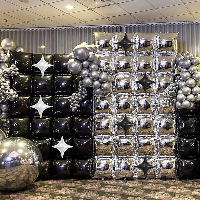 32PCS Black and Silver Square Foil Balloons Wall, Double Sided Metallic Silver Black Checkered Square Balloon Backdrop Flat Tunnel with Star Balloon Background for Disco Birthdays Graduation New Year