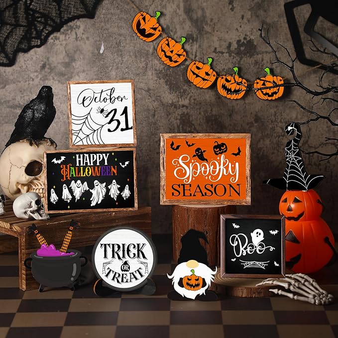 14 Pcs Halloween Tiered Tray Decor Set Cute Halloween Wooden Signs Rustic Pumpkin Farmhouse Gnomes Boo Wizard Trick or Treat Blocks Table Sign for Party Favors