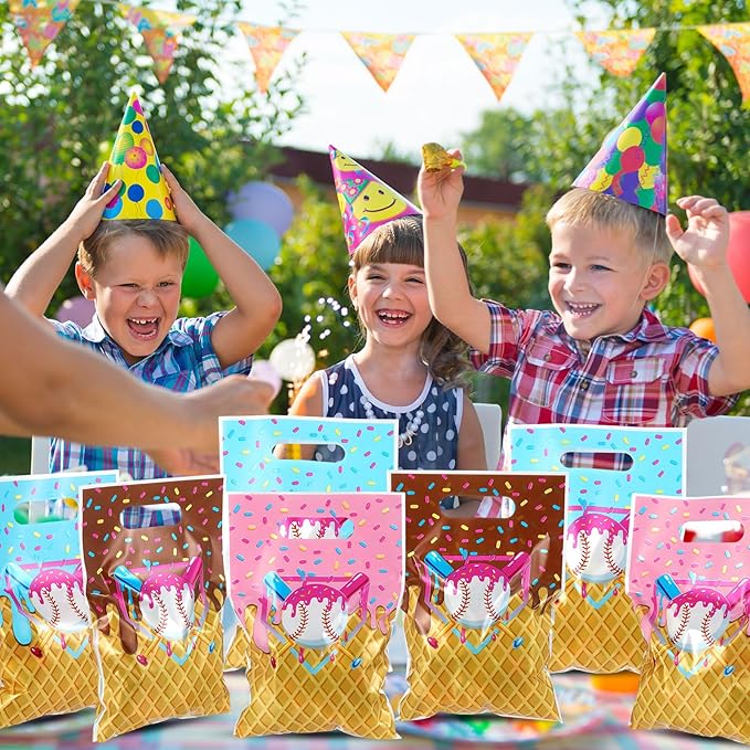 Glenmal 50 Pcs Baseball Ice Cream Drip Party Favors Gift Bags Plastic Ice Cream Baseball Goodie Candy Treat Snack Bags for Birthday Party Supplies