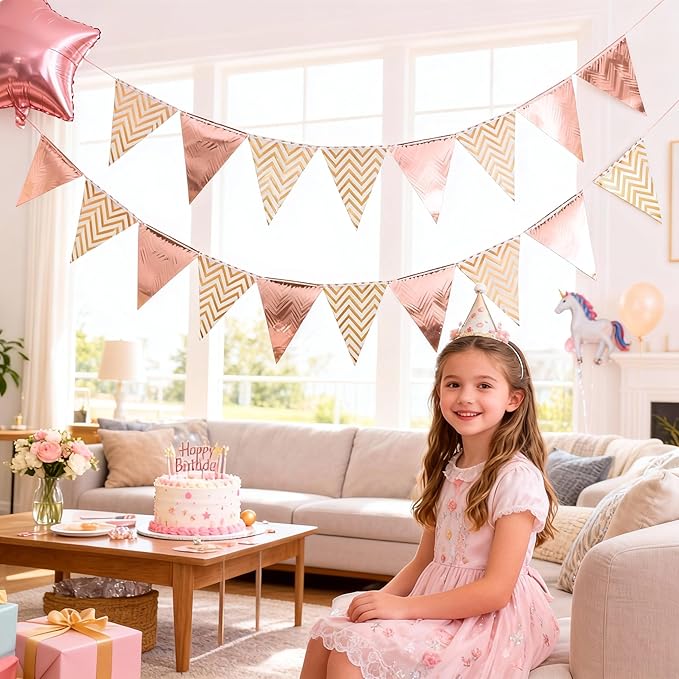 Pennant Banner Flags 24 Pcs Big Metallic Mirrored, 26 Ft Rose Gold Wave Pattern Cardboard Triangle Banner, Party Birthday Wedding Nurse Graduation Holiday Wall Decorations, Festive Supplies