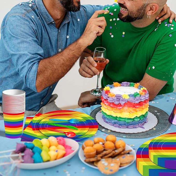 175 Pcs Rainbow Stripes Party Supplies Set - Serves 25, Colorful Disposable Plates, Cups, Napkins, Forks, Spoons, and Knives for LGBTQ+ Pride Month, Rainbow-Themed Birthday, Wedding Decorations
