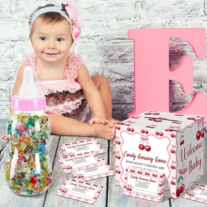 Glenmal 52 Pcs Cherry Baby Shower Games Gift Sets Large Baby Bottle for Shower Game Guess How Many Candies Decorations for Gender Reveal